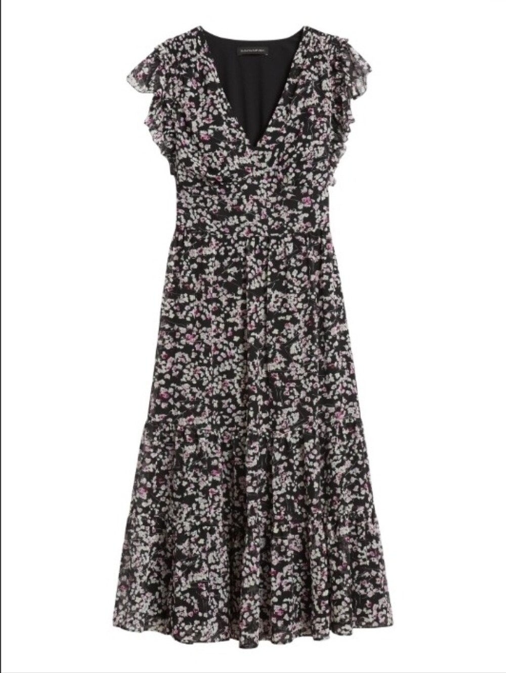 Size 8 Black Floral Ruffle Midi Dress - Banana Republic